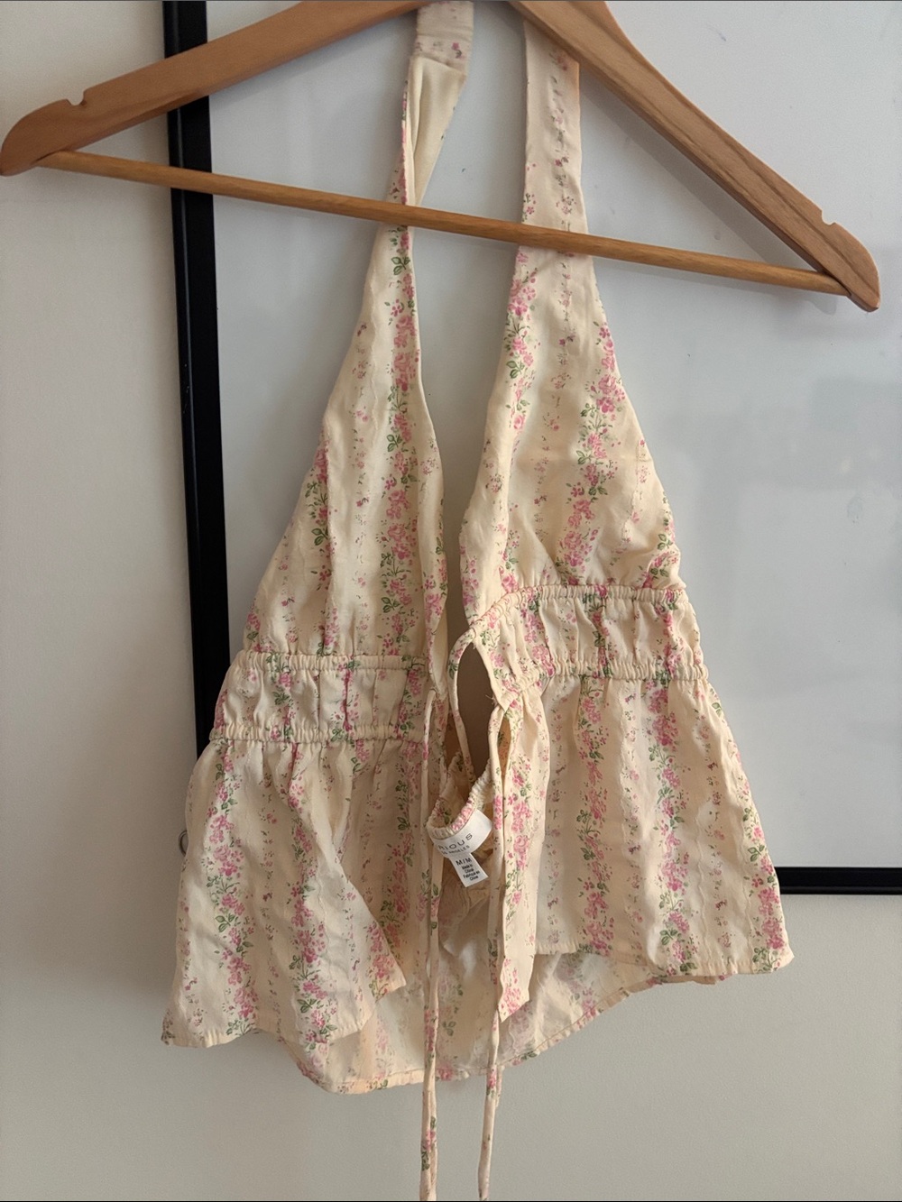 Floral Halter Peplum Tie-Front Top in Cream and Pink